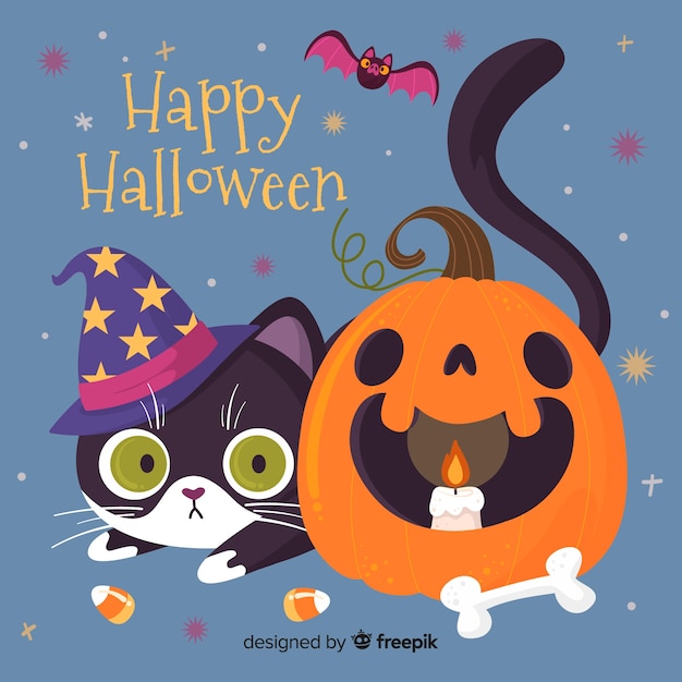 Szczęśliwy Kot Halloween I Zakrzywione Dyni