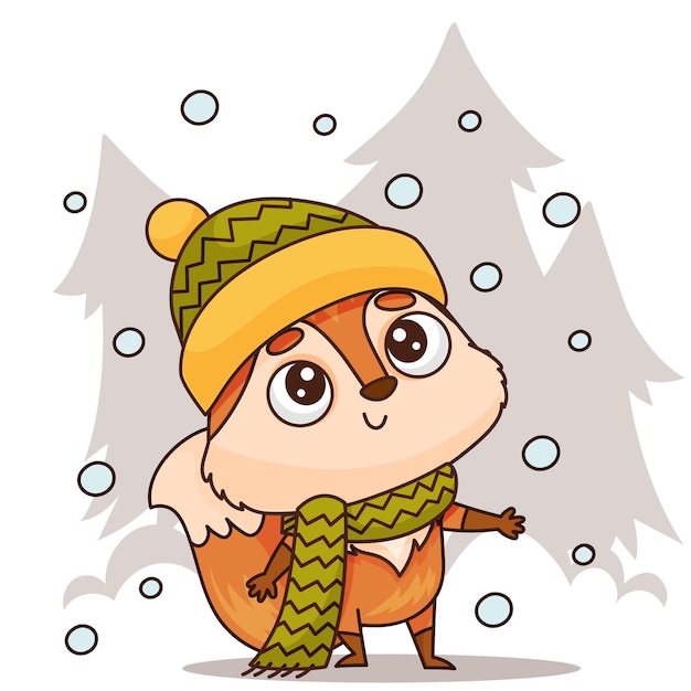 Plik wektorowy szczęśliwy lis z kreskówek w zimowych ubraniach i kapeluszu kostiumowym stojący w wektorze śniegu