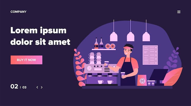 Szczęśliwy młody barista parzenia kawy dla ilustracji klienta. Mężczyzna stojący za ladą i oferujący gorący napój. Koncepcja obsługi, stacji i lunchu.