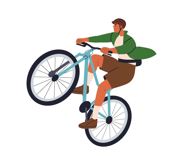 Szczęśliwy młody człowiek jeżdżący na rowerze wykonujący ekstremalny trik na przednim kółku roweru Cool rowerzysta w hełmie Rowerzysta aktywność sportowa Płaska ilustracja wektorowa izolowana na białym tle