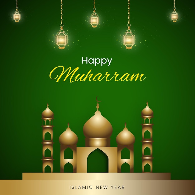 Szczęśliwy Muharram Zielony Złoty Tło Islamski Baner Mediów Społecznościowych Darmowy Wektor