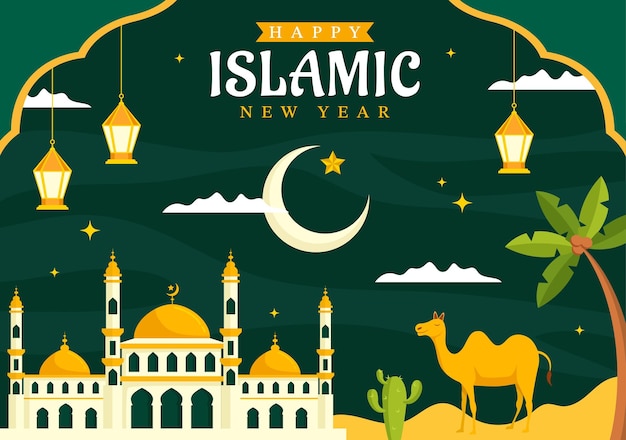 Szczęśliwy Muharrama wektor ilustracja z obchodami islamskiego nowego roku w płaskiej kreskówki ręcznie rysowane