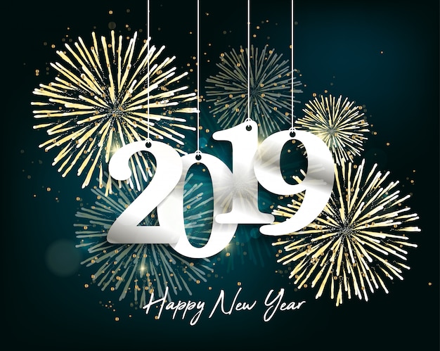 Szczęśliwy nowy rok 2019 z fajerwerku tłem. Chienese New Year, Year of the Pig.