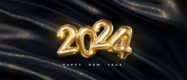 Plik wektorowy szczęśliwy nowy rok 2024 festiwalowy baner 2024 złoty metalowy znak ilustracja wakacyjna wektorowa złote liczby na czarnym błyszczącym tle tkaniny