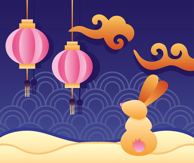Szczęśliwy plakat festiwalowy w połowie jesieni z wiszącymi królikami i lampionami