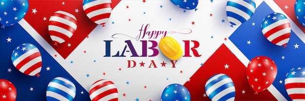 Szczęśliwy Plakat święto Pracy Szablon. święto Pracy Usa Z Amerykańską Balony Flaga, Gwiazda I Narzędzia.