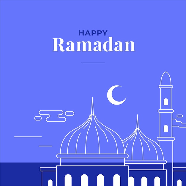 Szczęśliwy Plakat Z Okazji Postu Ramadan Islam Z Monolinią Rysunkową Ilustracją Tła Meczetu