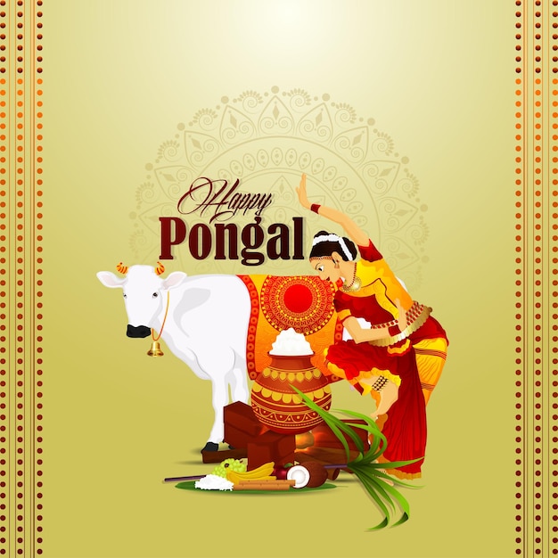 Szczęśliwy pongal południowo-indyjski festiwal tło z realistyczną wektorową ilustracją