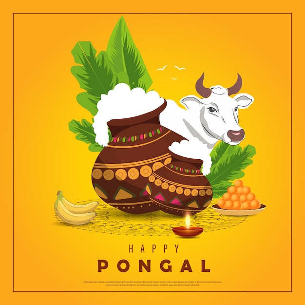 Szczęśliwy Pongal Pongal to tamilska ilustracja wektorowa festiwalu zbiorów