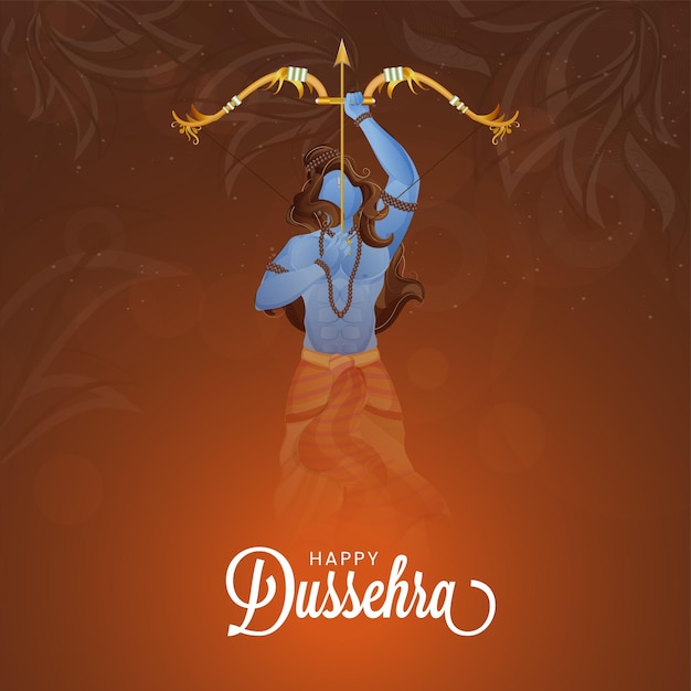 Szczęśliwy Projekt Plakatu Celebracji Dasera Z Mitologią Hinduską Lord Rama Trzymający łuk I Strzałę Na Spalonym Brązowym Tle