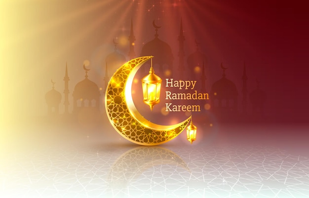 Szczęśliwy Ramadan Kareem Kartkę Z życzeniami Z Półksiężycem I Lampami