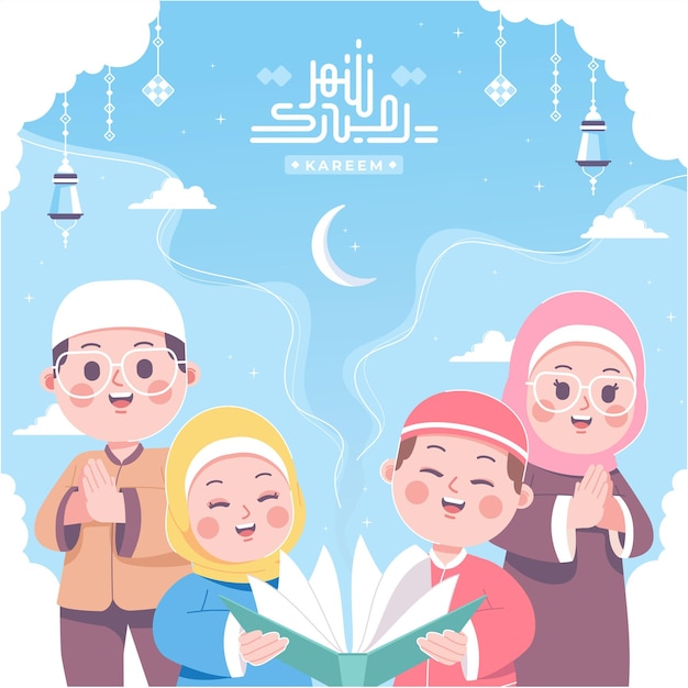 Szczęśliwy Ramadan Kareem Z Tłem Ilustracji Postaci Dla Dzieci