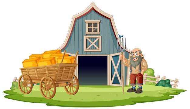 Plik wektorowy szczęśliwy rolnik z stodołą i wózkiem na siana