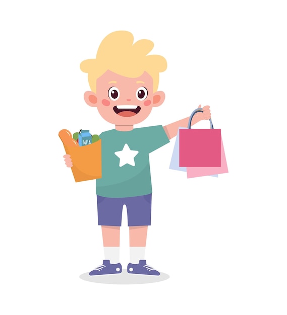 Szczęśliwy śliczny Mały Chłopiec Nosi Wiele Toreb Na Zakupy Ilustracja Kreskówka