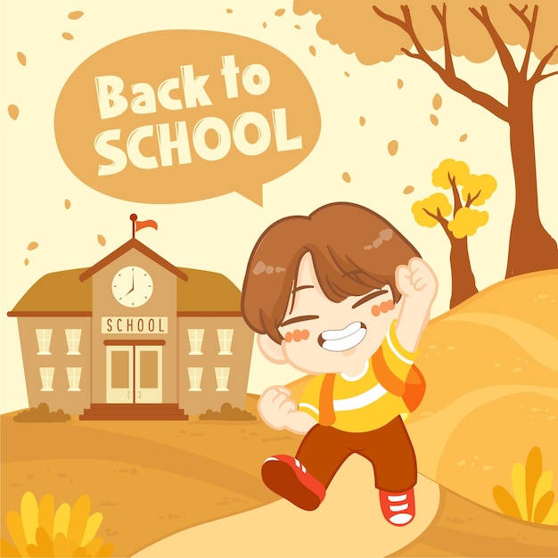 Szczęśliwy Słodki Mały Chłopiec Z Powrotem Do Szkoły Z Jesiennym Tłem