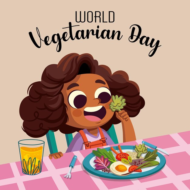 Szczęśliwy światowy Dzień Wegetariańskiego Ilustracja Dziewczyny Jedzącej Zdrowe Jedzenie