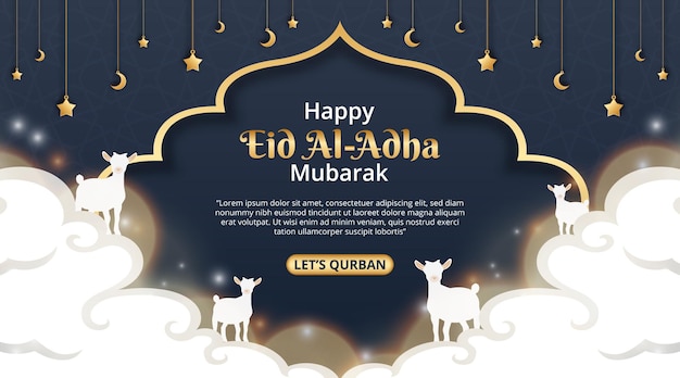 Szczęśliwy Tło Eid Al Adha Mubarak Z Ilustracją Kóz Na Niebie Z Islamską Dekoracją