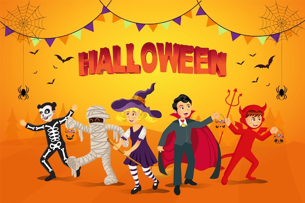 Szczęśliwy tło halloween. dzieci ubrane w kostium na halloween na wynos z pomarańczowym tłem