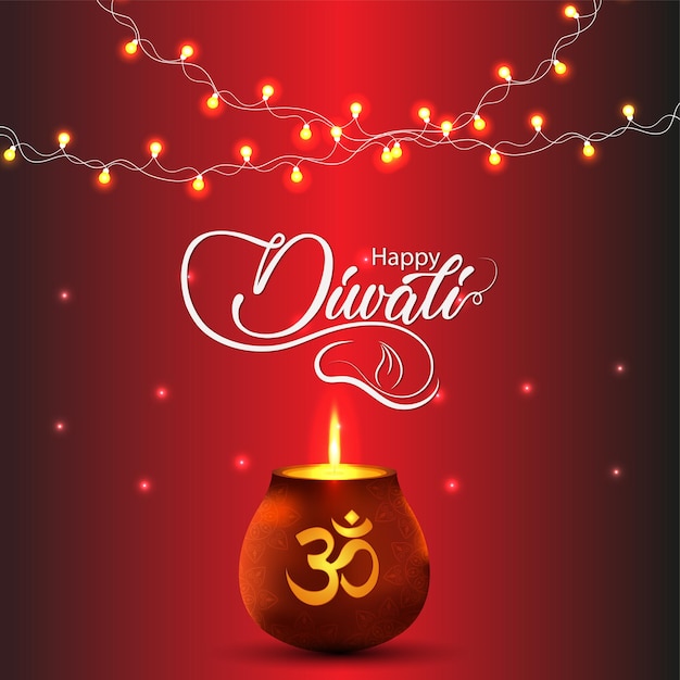 Szczęśliwy Tło Indyjskiego Festiwalu Diwali Ze świecącymi światłami Om Kalash I Diwali