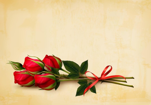 Szczęśliwy Tło Walentynki. Pojedyncze Czerwone Róże Na Starym Tle Papieru. Wektor.