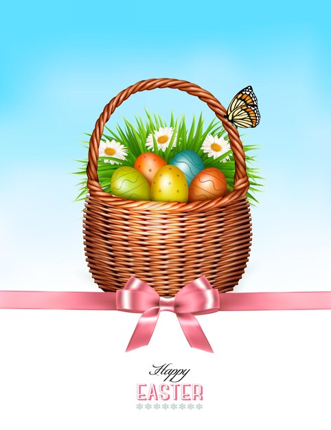 Plik wektorowy szczęśliwy tło wielkanoc. kosz z jajkami i motylem na tle błękitnego nieba