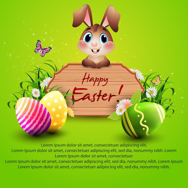Szczęśliwy Tło Wielkanoc Z Cute Bunny Na Drewniany Znak I Kolorowe Jaja