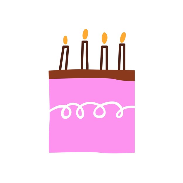 Szczęśliwy tort urodzinowy z czterema świecami Słodki uroczysty deser na uroczystość urodzin Holiday party cukierki w nowoczesnym stylu doodle Płaska ilustracja graficzna wektorowa izolowana na białym tle
