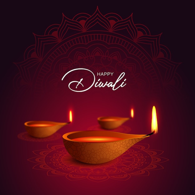 Szczęśliwy transparent festiwalu hinduskiego Diwali, karty z pozdrowieniami. Płonąca ilustracja diya, tło dla festiwalu światła w Indiach