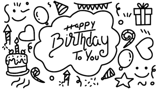szczęśliwy urodziny typografia z doodle art kompozycja ilustracja wektorowa