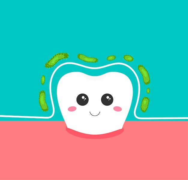 Plik wektorowy szczęśliwy uśmiechający się ładny ząb chroniony przed bakteriami wokół.
