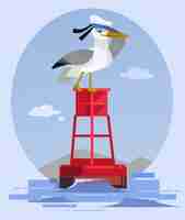Plik wektorowy szczęśliwy uśmiechający się postać ptaka albatrosa w kapeluszu kapitana siedzi na latarni morskiej i patrząc.