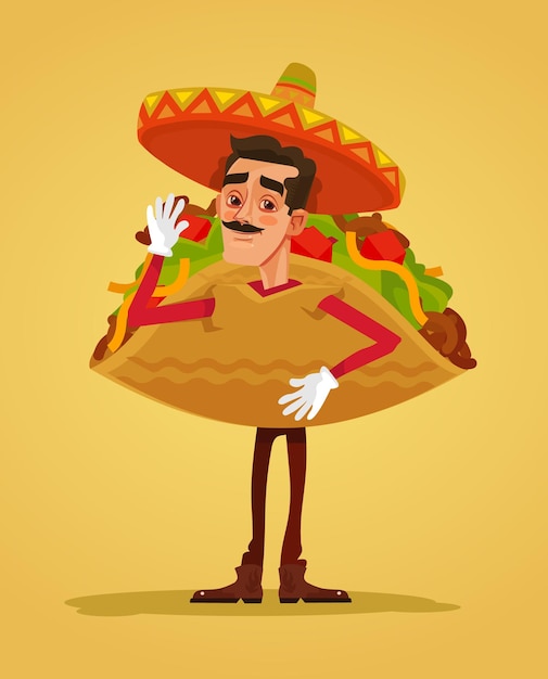Szczęśliwy Uśmiechnięty Mężczyzna Maskotka Promotor Ubrany W Garnitur Tacos