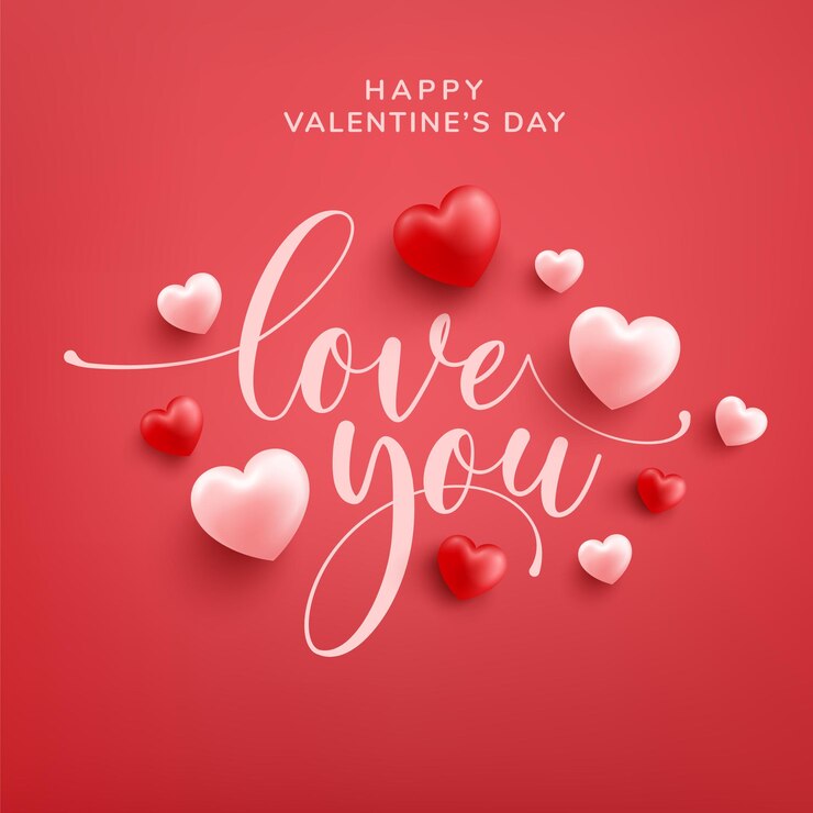 Szczęśliwy Valentine kartkę z życzeniami z napisem Love słowo ręcznie rysowane i kaligrafia z czerwonym i różowym sercem na czerwono