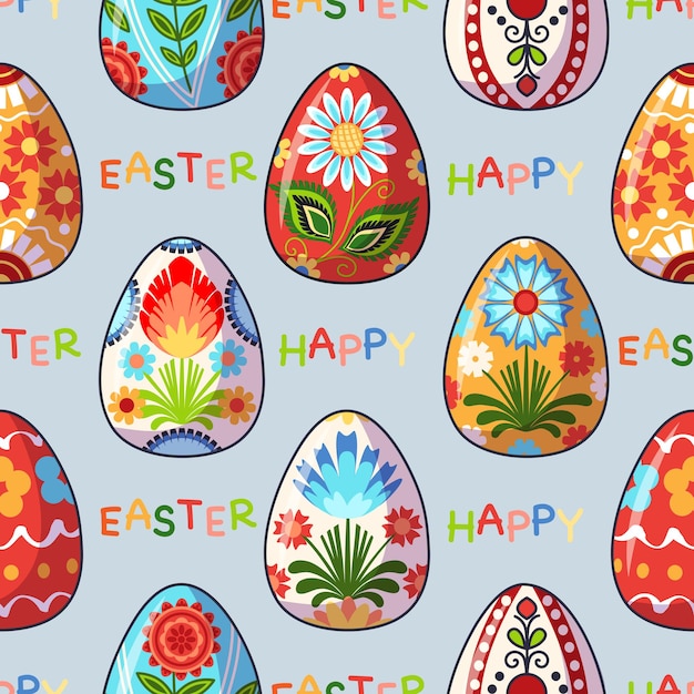 Szczęśliwy Wielkanoc bezszwowy wzór jajka wielkanocne z tradycyjnym kwiatowym lub geometrycznym wzorem