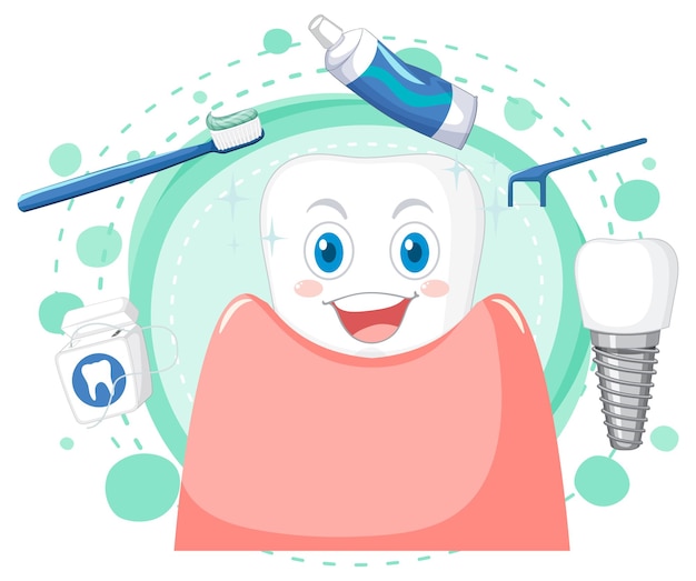 Plik wektorowy szczęśliwy ząb ze sprzętem do czyszczenia zębów