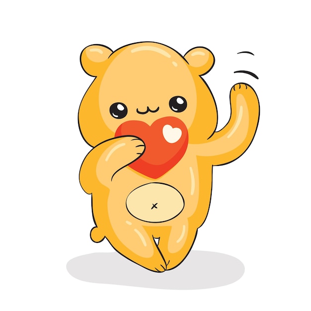 Szczęśliwy żółty Niedźwiedź Z Czerwonym Sercem, Modny Styl Kawaii, Ilustracja Wektorowa Eps10