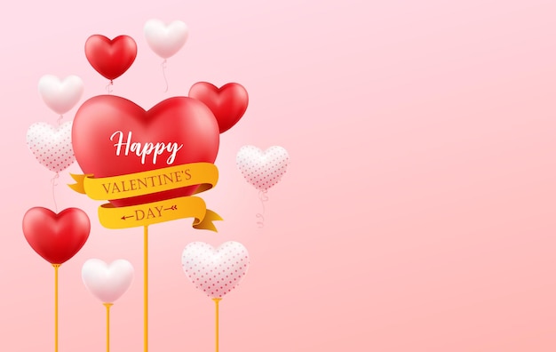 Szczęśliwych Walentynek Baner, Ulotka, Plakat, Kartka Okolicznościowa Z Miejscem Na Tekst I Latającymi Realistycznymi Balonami W Kształcie Serca.