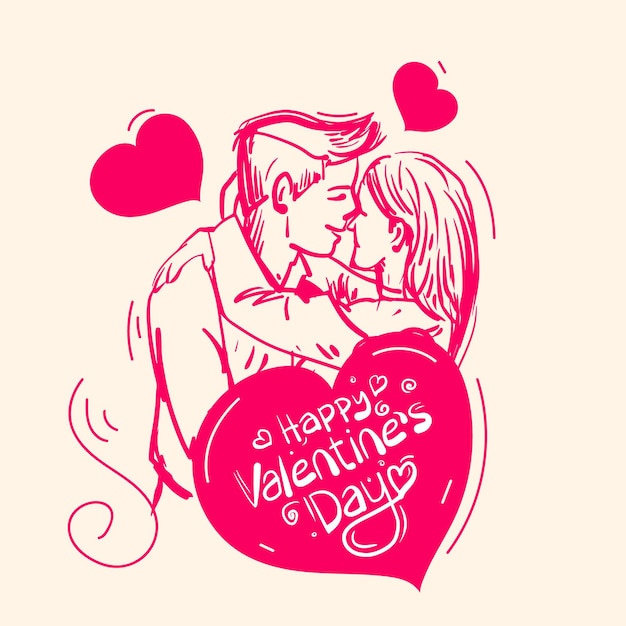 Szczęśliwych Walentynek Ilustracji Wektorowych Kartkę Z życzeniami Z Przytulającą Się Parą I Ikoną Miłości. Walentynki