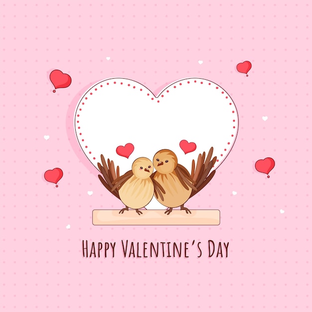 Szczęśliwych walentynek kartkę z życzeniami z para ptaków siedząca na gałęzi i pusta ramka w kształcie serca na różowym kropkowanym tle