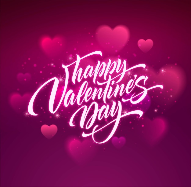 Szczęśliwych Walentynek Odręczny Tekst Na Niewyraźne Tło Serca. Ilustracja Wektorowa Eps10