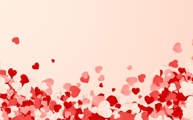 Plik wektorowy szczęśliwych walentynek tło, papier konfetti czerwone, różowe i białe pomarańczowe serca.