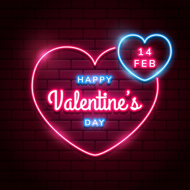 Szczęśliwych Walentynek Tło Z Jaskrawym Różowym Neonowym Sercem Na Czerwonych Cegieł ścianach