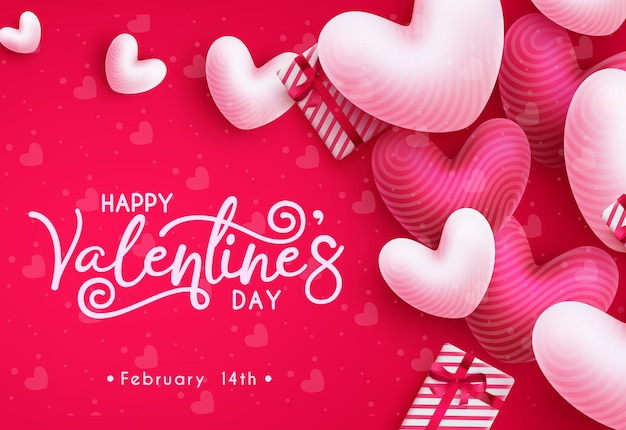 Szczęśliwych Walentynek Wektor Wzór. Tekst Walentynkowy Z Balonami W Kształcie Serca I Niespodzianką