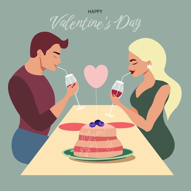Szczęśliwych Walentynek! Wektorowe Retro Ilustracje Zakochanej Pary Na Randce. Tekst I Serce