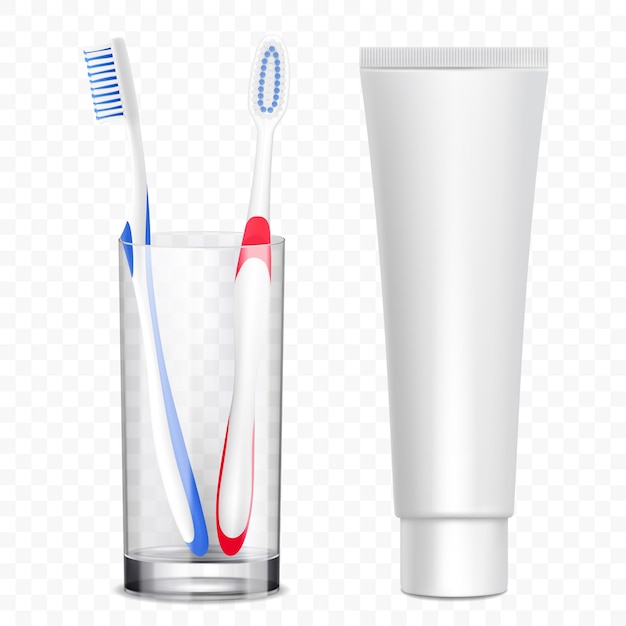 Szczoteczki do zębów w szklanym lub plastikowym kubku w pobliżu makieta tubki pasty do zębów Produkty do higieny jamy ustnej kosmetyki do reklam stomatologicznych wektor 3d realistyczne szablony na białym