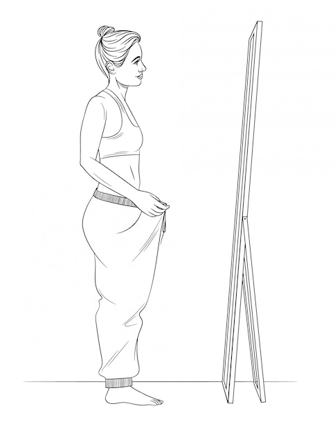 Plik wektorowy szczupła młoda dziewczyna stojąca przed lustrem z dużymi spodniami