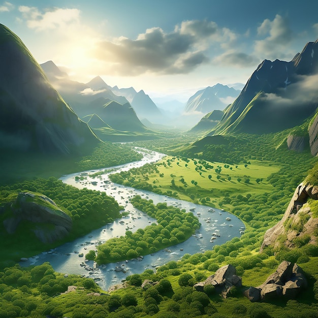 Plik wektorowy szczytowa ziemia bujna łąka krajobraz scena tapeta rysunek wzgórza drzewa góry wiejskie malownicze skały