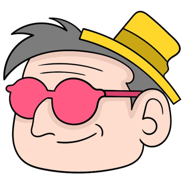 Szef fajny styl stary człowiek ubrany w żółty kapelusz i czerwone okulary, wektor ilustracja karton emotikon. doodle rysunek ikona