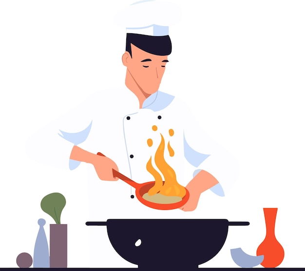 Szef Kuchni W Trakcie Gotowania żywności Białe Tło Ilustracja Minimalny Styl Wektor Flipart