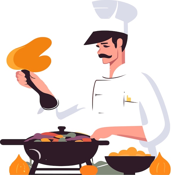 Szef Kuchni W Trakcie Gotowania żywności Białe Tło Ilustracja Minimalny Styl Wektor Flipart